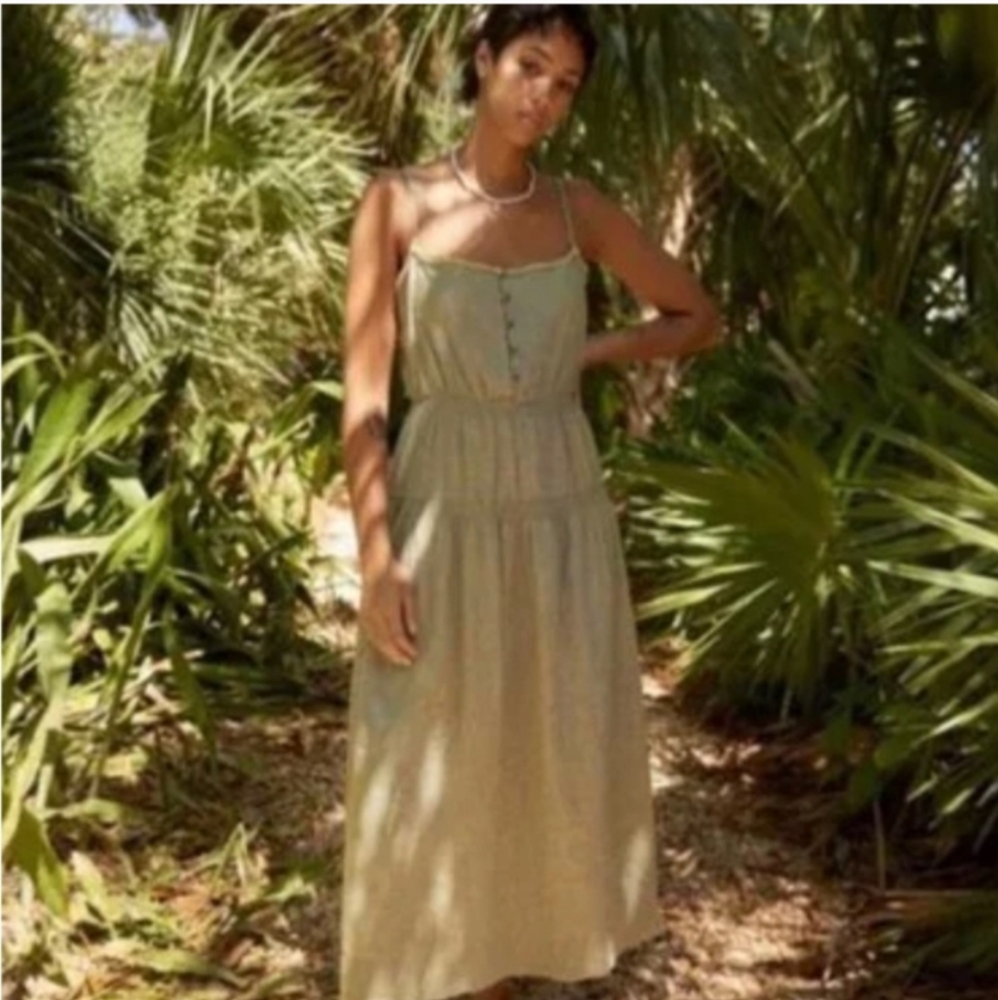 Urban Outfitter Ella Linen Midi Dress In Olive Moss Small